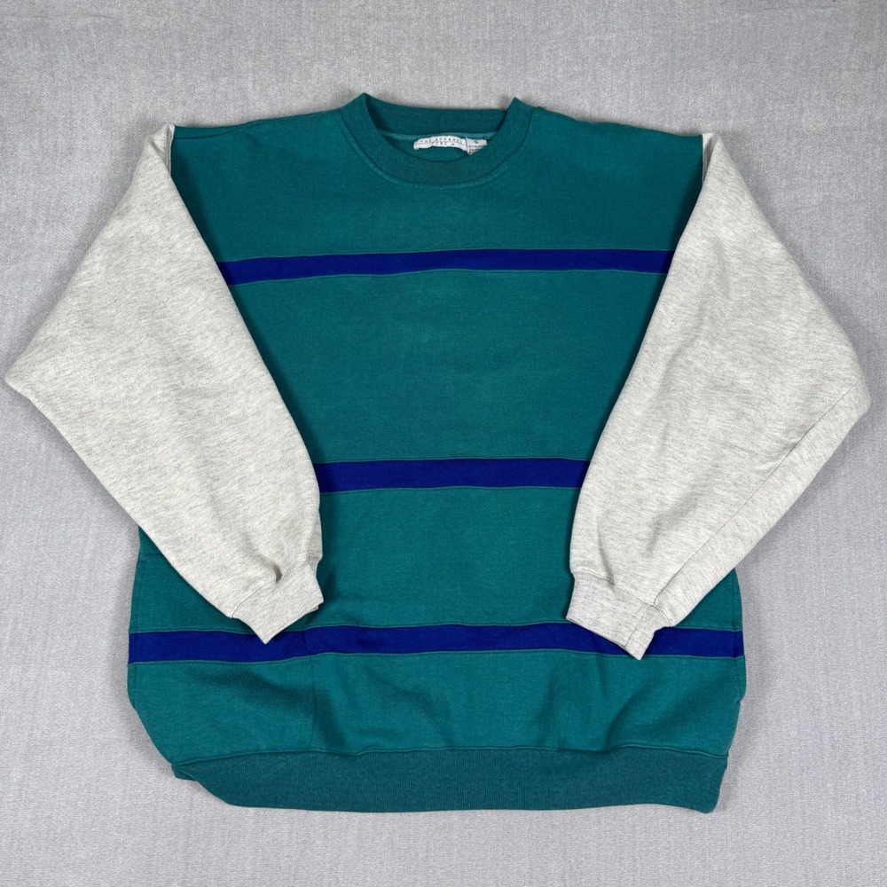 The Apparel Zone Vintage Mens XL Sweatshirt Teal Blue Grey Striped Colorblock